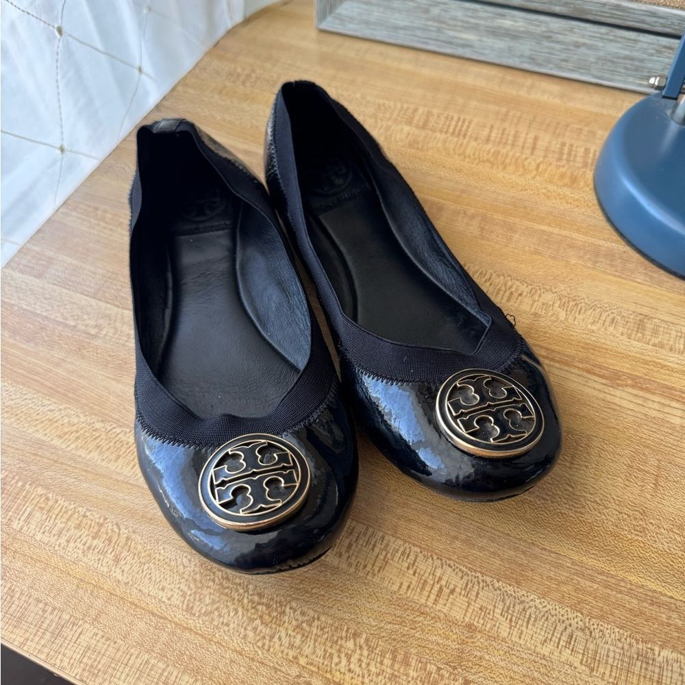 Tory Burch Black Leather Flats with Gold Medallion